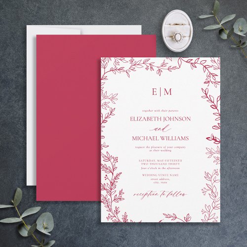 Elegant Leaf Vivid Magenta Monogram Wedding Invitation