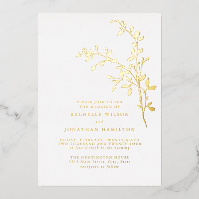 Elegant Leaf Wedding Gold Foil Invitation (Front)