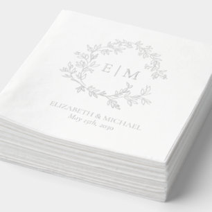 Elegant Leafy Crest Monogrammed Wedding Silver Foil Napkins