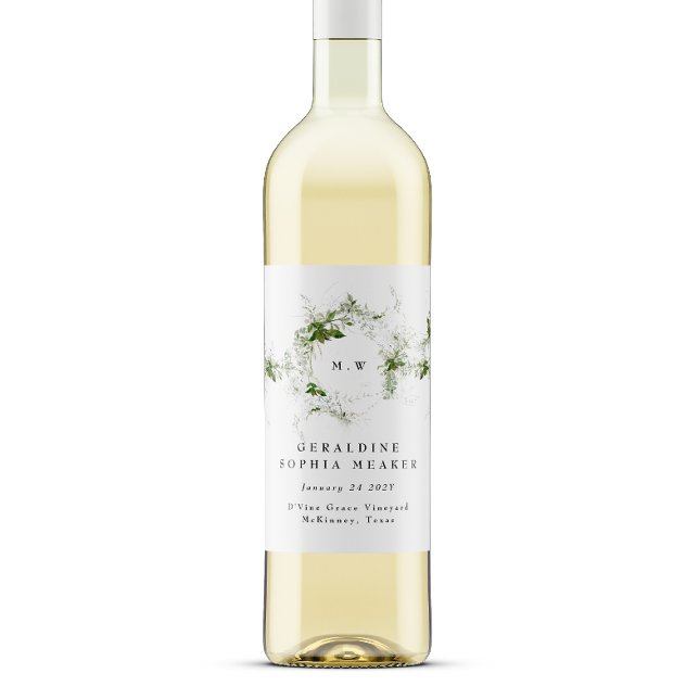 Elegant Leafy Eucalyptus Wreath Monogram Wedding  Wine Label (Creator Uploaded)