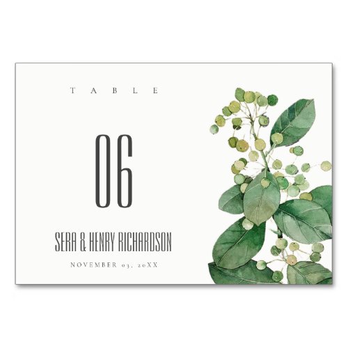 ELEGANT LEAFY FOLIAGE GREENERY WATERCOLOR WEDDING TABLE NUMBER