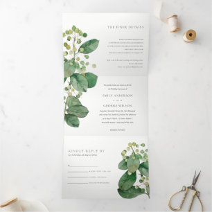 ELEGANT LEAFY FOLIAGE GREENERY WATERCOLOR WEDDING Tri-Fold INVITATION