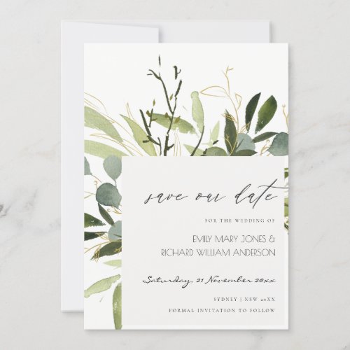 ELEGANT LEAFY GOLD GREEN FOLIAGE WATERCOLOR SAVE THE DATE