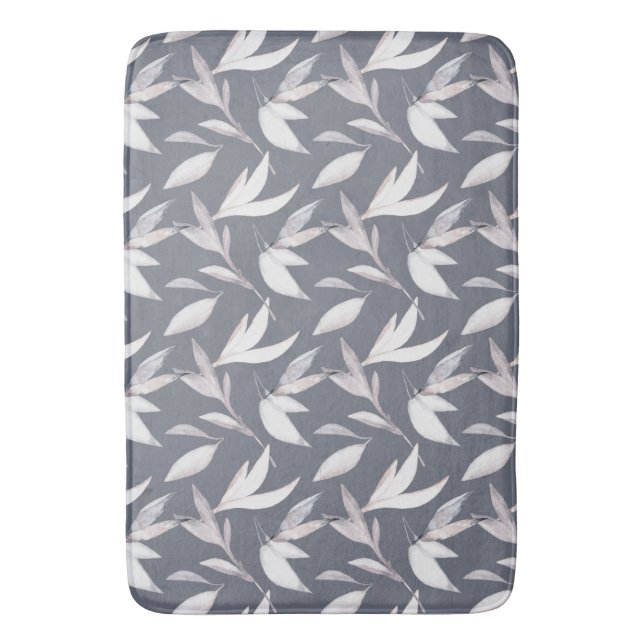 Elegant Leafy Gray Modern Botanical  Bath Mat (Front Vertical)