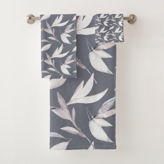Elegant Leafy Gray Modern Botanical  Bath Towel Set (Insitu)
