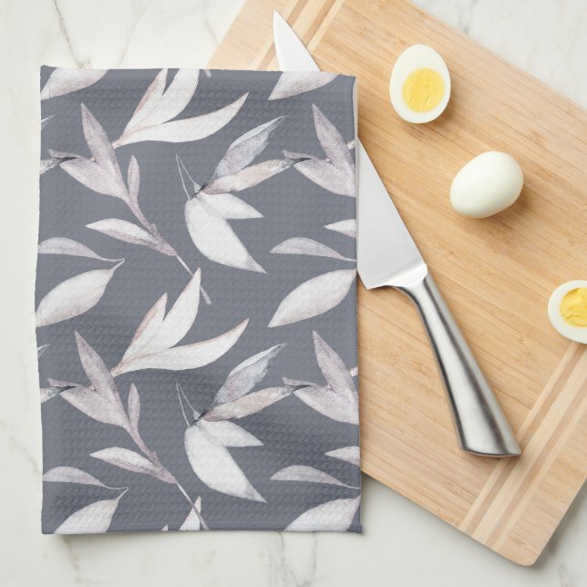 Elegant Leafy Gray Modern Botanical  Kitchen Towel (Quarter Fold)