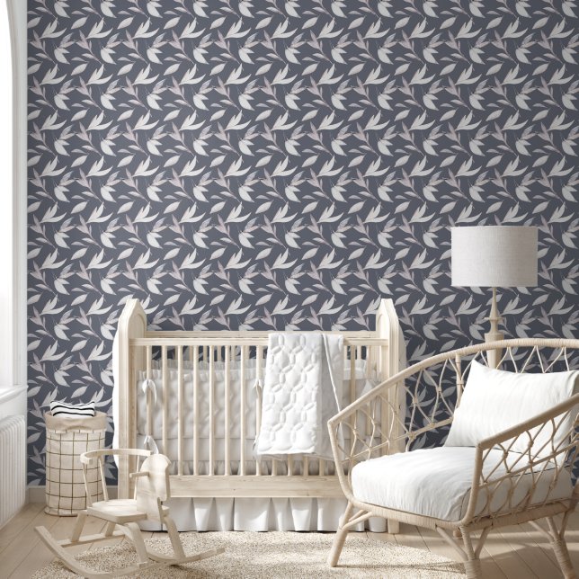 Elegant Leafy Gray Modern Botanical  Wallpaper (Kids)