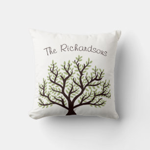 Elegant Leafy Green & White Last Name Family Tree Throw Pillow