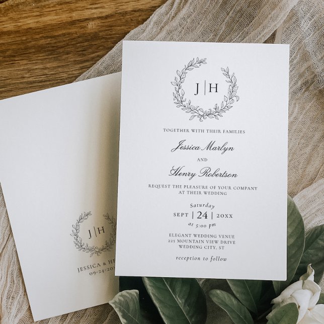 Elegant Leafy Monogram Crest Wedding Invitation (Creator Uploaded)