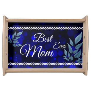 Elegant Leafy Navy Blue & White Best Mom Ever  Serving Tray