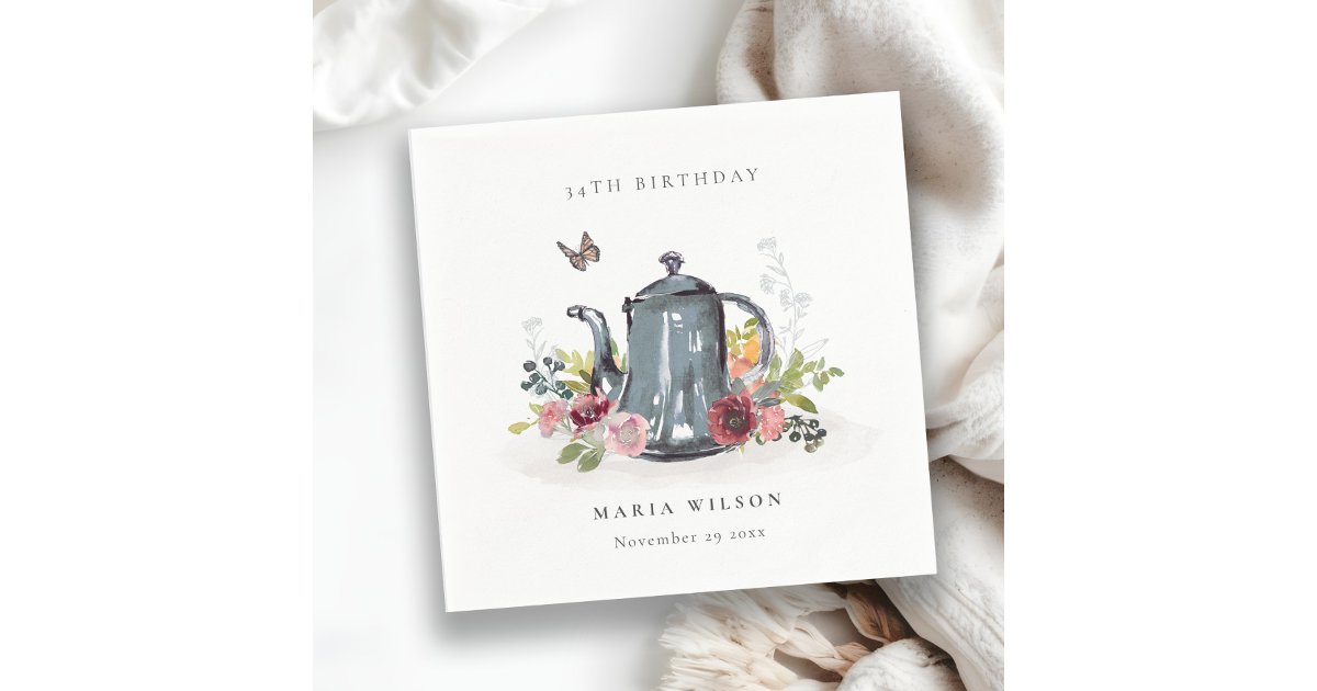 Elegant Leafy Rose Floral Teapot Any Age Birthday Napkins | Zazzle