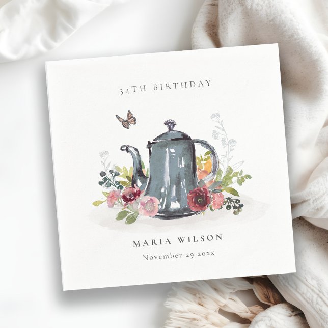 Elegant Leafy Rose Floral Teapot Any Age Birthday Napkins (Creator Uploaded)
