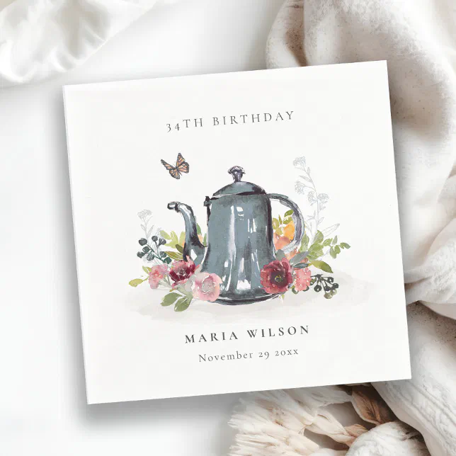 Elegant Leafy Rose Floral Teapot Any Age Birthday Napkins | Zazzle