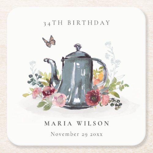 Elegant Leafy Rose Floral Teapot Any Age Birthday Square Paper Coaster