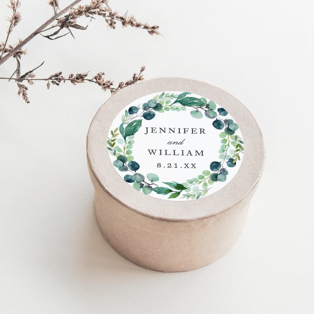 Elegant Leafy Watercolor Botanical Wedding Classic Round Sticker (Creator Uploaded)
