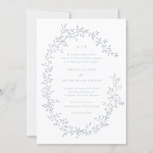 Elegant Leafy Wreath Blue Laurel Botanical Wedding Invitation