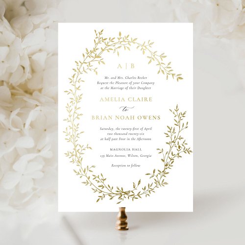 Elegant Leafy Wreath Gold Foil Botanical Wedding Foil Invitation