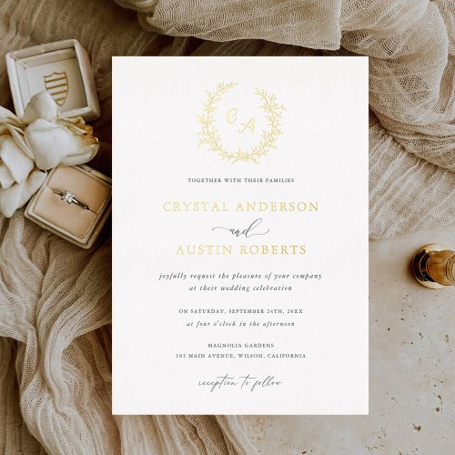 Elegant Leafy Wreath Monogram Foliage Wedding Foil Invitation