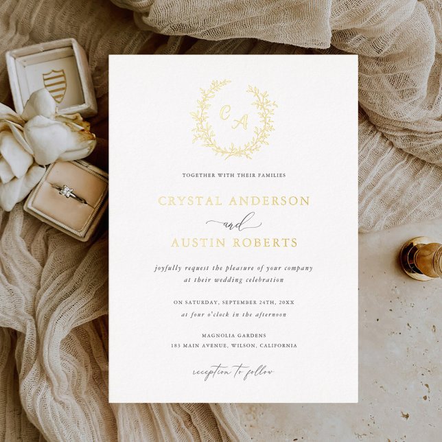 Elegant Leafy Wreath Monogram Foliage Wedding Foil Invitation (Creator Uploaded)