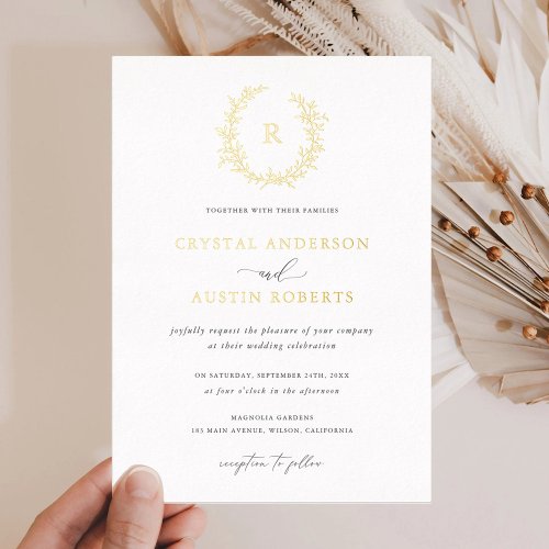 Elegant Leafy Wreath Monogram Foliage Wedding Foil Invitation