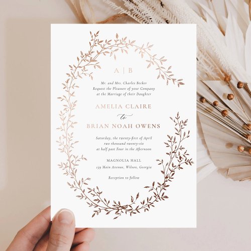 Elegant Leafy Wreath Rose Gold Foil Wedding Foil Invitation