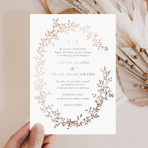 Elegant Leafy Wreath Rose Gold Foil Wedding Invitation