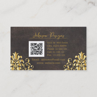 Elegant Leather and Gold Damask Business Card