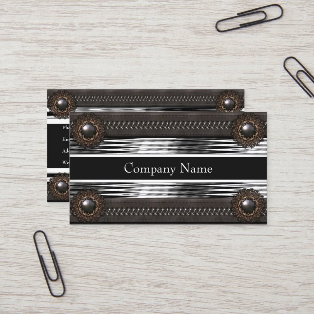 Elegant Leather Brown Metal Silver Business Card (Front/Back In Situ)