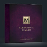 Elegant Leather Gold Monogram 3 Ring Binder<br><div class="desc">Elegant monogrammed binder features a modern design with brushed metallic gold monogram emblem on a purple leather look textured background. Custom name presented in the lower right-hand corner in stylish simple font with a complimentary minimal monogram medallion. A modern binder for home or office, a professional monogrammed binder for your...</div>