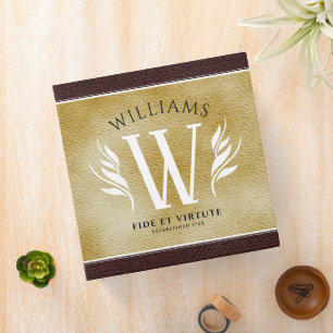 Elegant Leather Leaf & Vintage Paper Surname Motto 3 Ring Binder