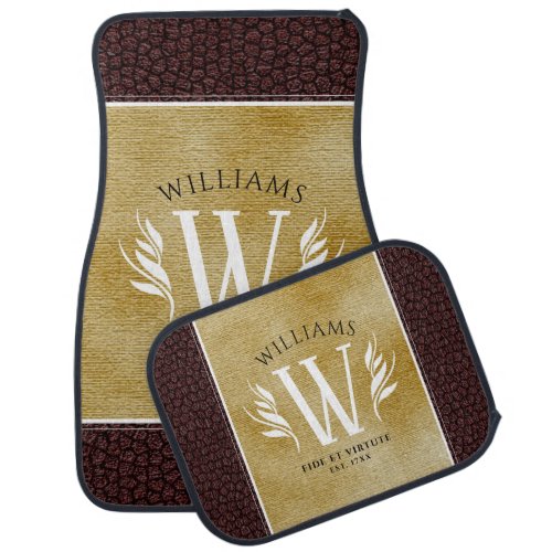 Elegant Leather Leaf  Vintage Paper Surname Motto Car Floor Mat