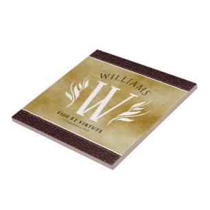 Elegant Leather Leaf & Vintage Paper Surname Motto Ceramic Tile