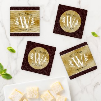 Elegant Leather Leaf & Vintage Paper Surname Motto Coaster Set