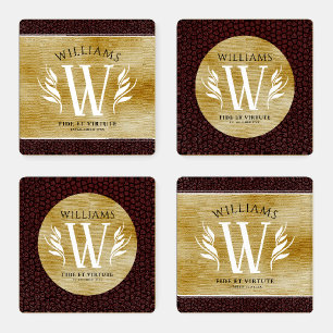 Elegant Leather Leaf & Vintage Paper Surname Motto Coaster Set