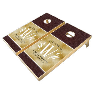Elegant Leather Leaf & Vintage Paper Surname Motto Cornhole Set