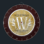 Elegant Leather Leaf & Vintage Paper Surname Motto Dart Board<br><div class="desc">Celebrate family and/or family reunion game time with this stylish dartboard, which features elegant white and black lettering with spartan floral accents set on stained, vintage paper and rich, reddish brown leather backgrounds. Personalize with family surname, initial (or family crest/coat of arms), motto, and year of establishment. Design © W.H....</div>