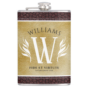 Elegant Leather Leaf & Vintage Paper Surname Motto Flask