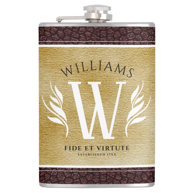 Elegant Leather Leaf & Vintage Paper Surname Motto Flask (Front)