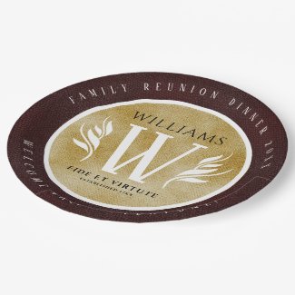 Elegant Leather Leaf & Vintage Paper Surname Motto Paper Plate