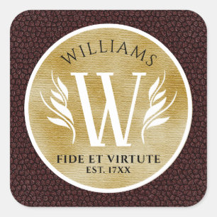 Elegant Leather Leaf & Vintage Paper Surname Motto Square Sticker