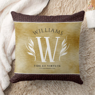 Elegant Leather Leaf & Vintage Paper Surname Motto Throw Pillow