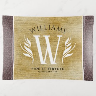 Elegant Leather Leaf & Vintage Paper Surname Motto Trinket Tray