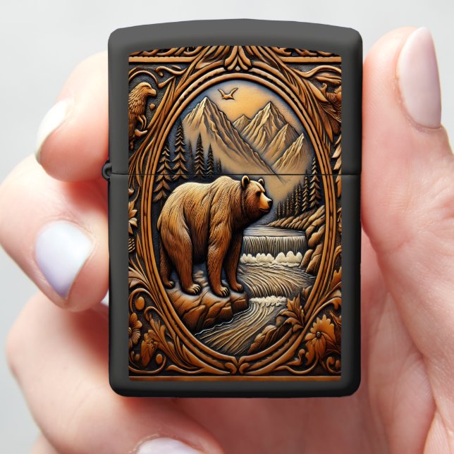 Elegant Leather-Looking Bear by River Zippo Lighter (In Hand)