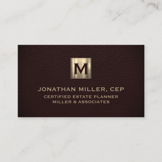 Elegant Leather Luxury Gold Initial Logo Business Card (Front)
