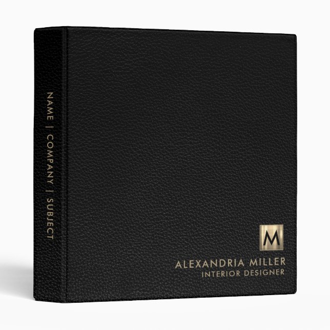 Elegant Leather Luxury Gold Monogram 3 Ring Binder (Front/Spine)