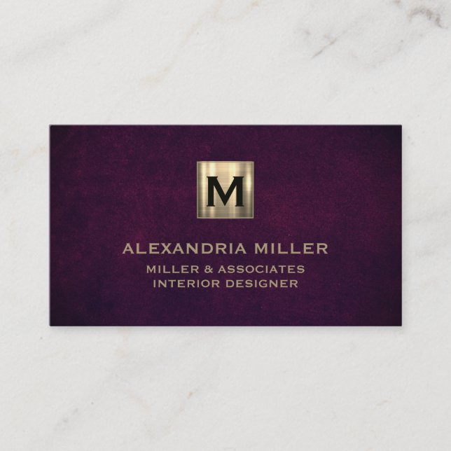 Elegant Leather Luxury Gold Monogram Business Card (Front)
