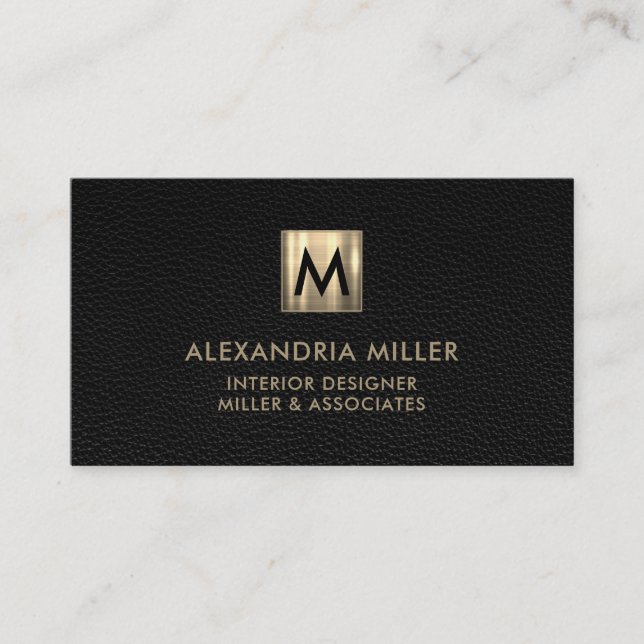 Elegant Leather Luxury Gold Monogram Business Card (Front)