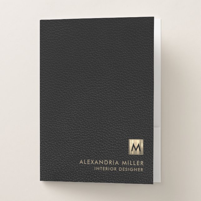 Elegant Leather Luxury Gold Monogram Pocket Folder (Front)