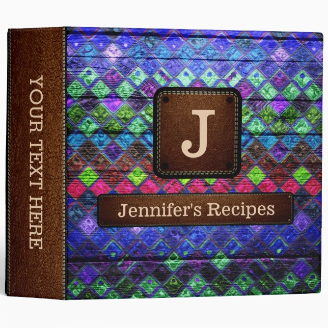 Elegant Leather Mosaic Pattern Wood Look #2 3 Ring Binder (Front/Spine)