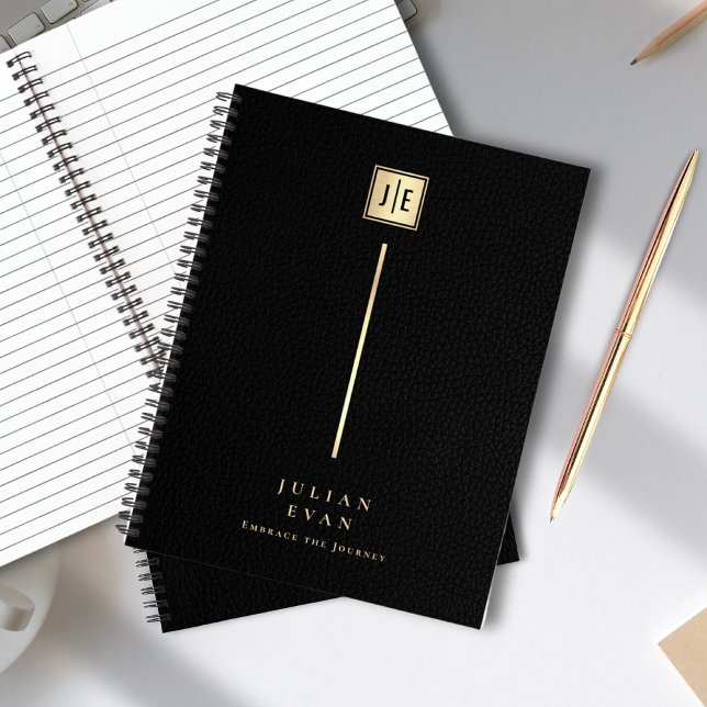 Elegant Leather Print Black & Gold Monogram Spiral Notebook (Elegant Leather Print Black & Gold Monogram Spiral Notebook)
